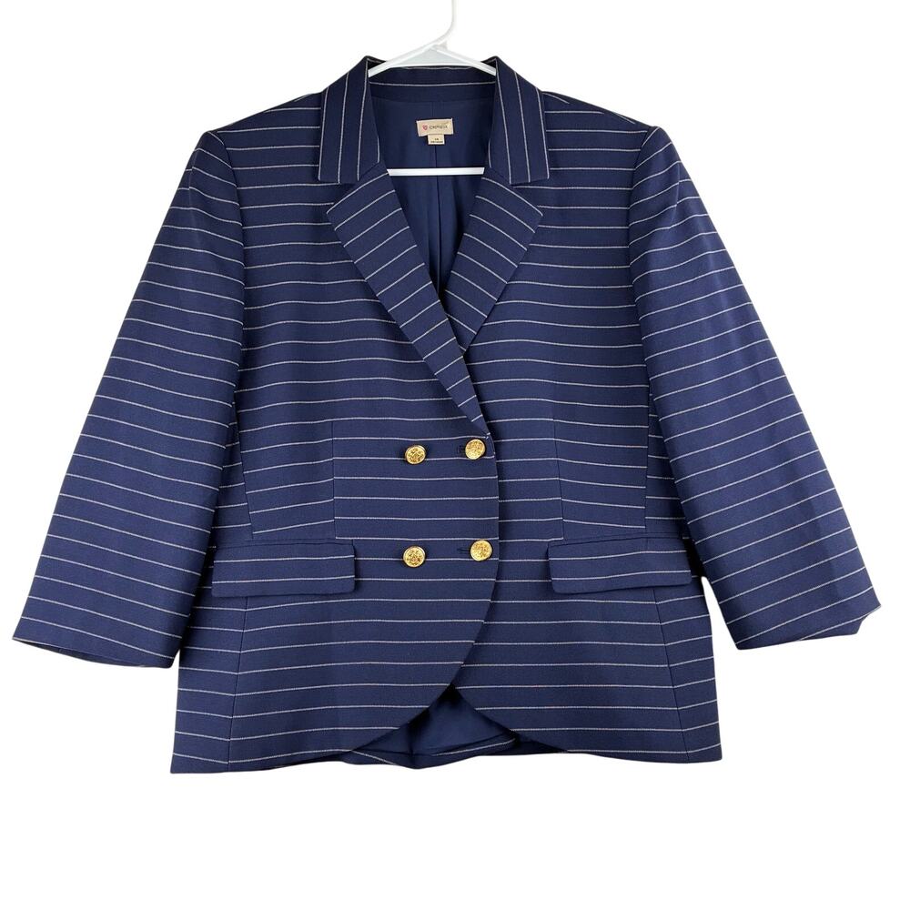 Cremieux 3/4 Sleeve 2 Button Blazer Women's 14 Navy Blue Striped Nautical Career